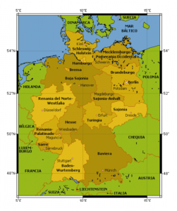 Figura 1: mapa político de Alemania, para visualizar la cercanía de los Länder afectados por infección de BVD tipo 2, que fueron Renania del Norte-Westfalia , Sajonia Baja y una explotación holandesa.